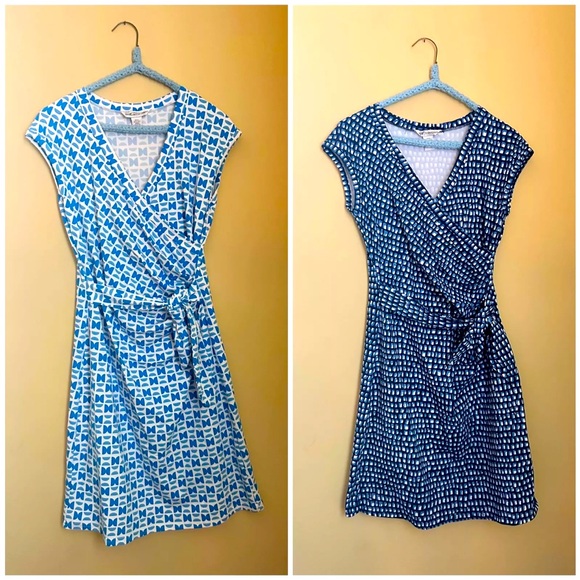 LOT 2 DVF Diane Von Furstenberg Silk Jersey Faux Wrap Blue Dresses 4 XS - Picture 1 of 9